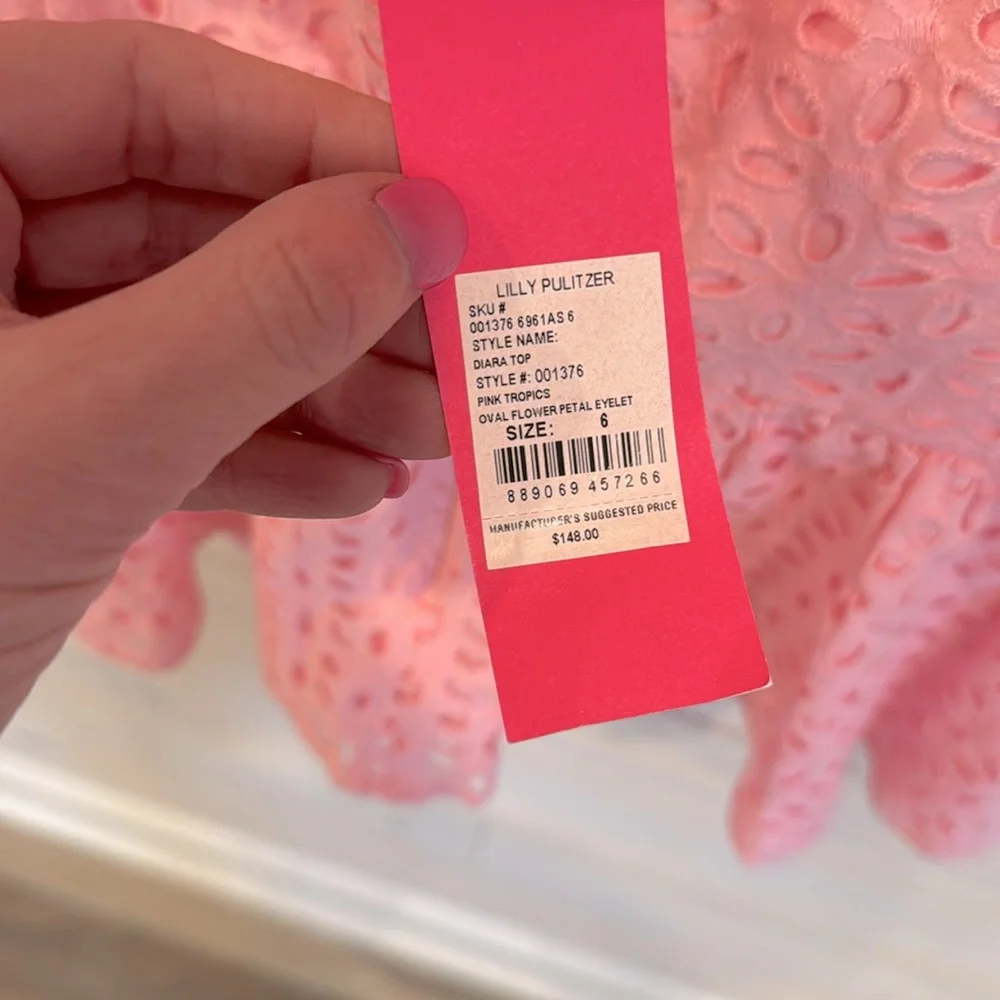 Lilly Pulitzer Diana Pink Eyelet, Pink Tropics Peplum Top, NWT - Picture 9 of 9